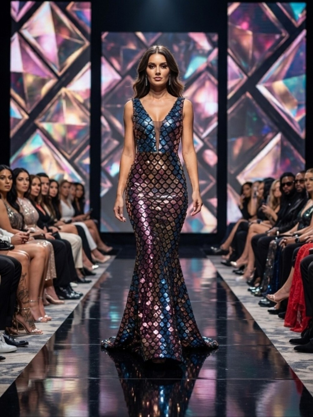 Multicolor,,  Contrast Sequined and Mesh,  Deep V Neck, Sleeveless, Merm…